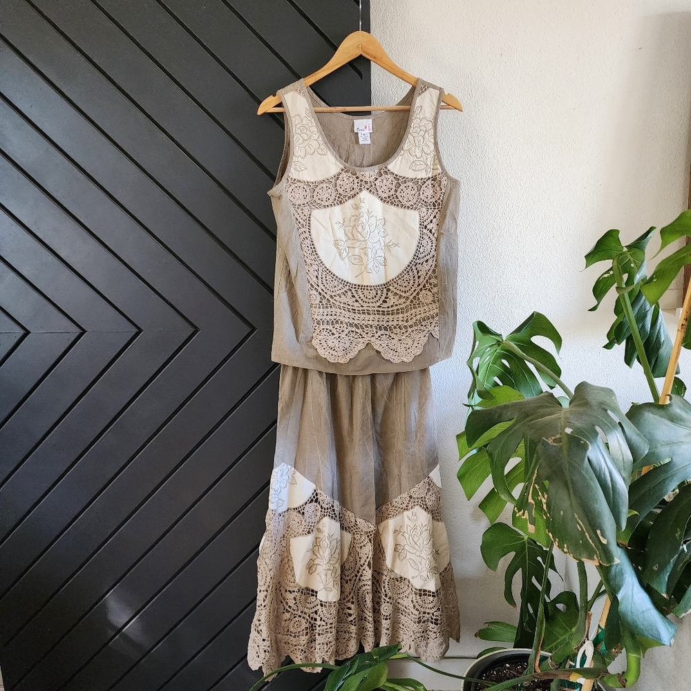 Vintage Lim’s USA Cotton Prairie Skirt Set Boho Crochet Lace Cottagecore Small